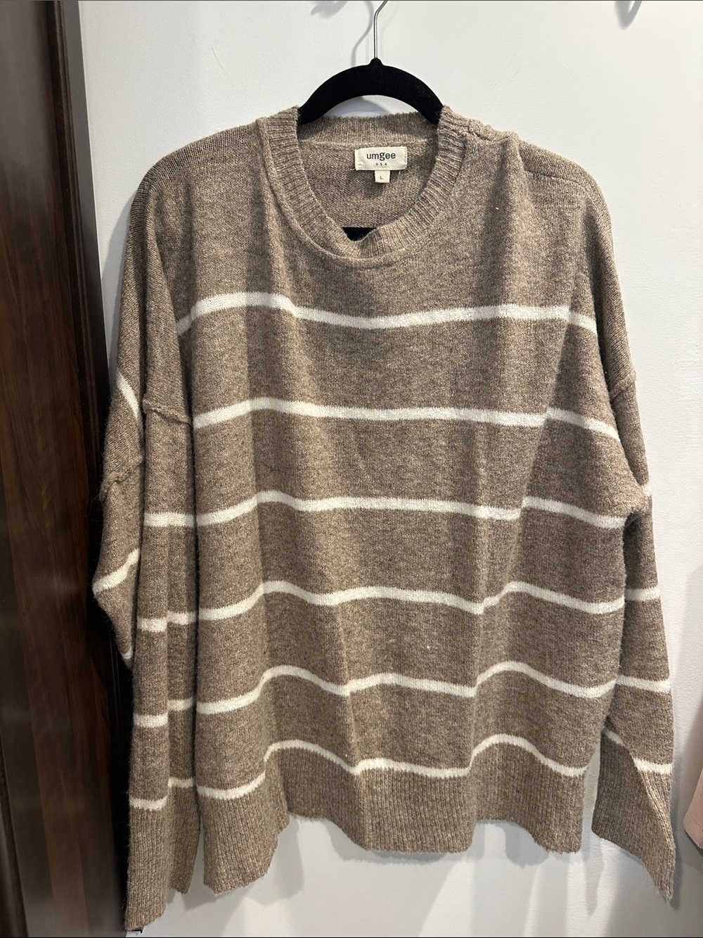 Umgee Taupe and White Striped Crewneck Sweater